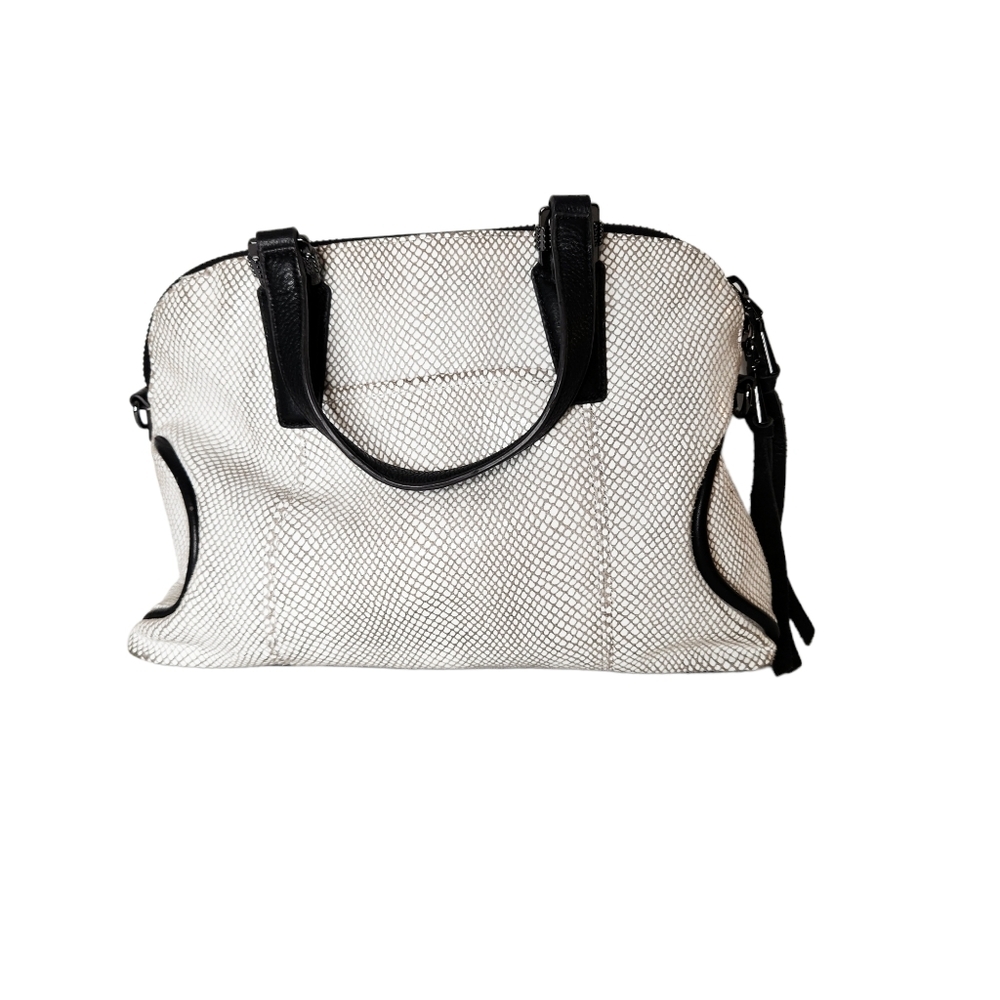 Aimee Kestenberg White Textured Shoulder Satchel Bag Black Piping